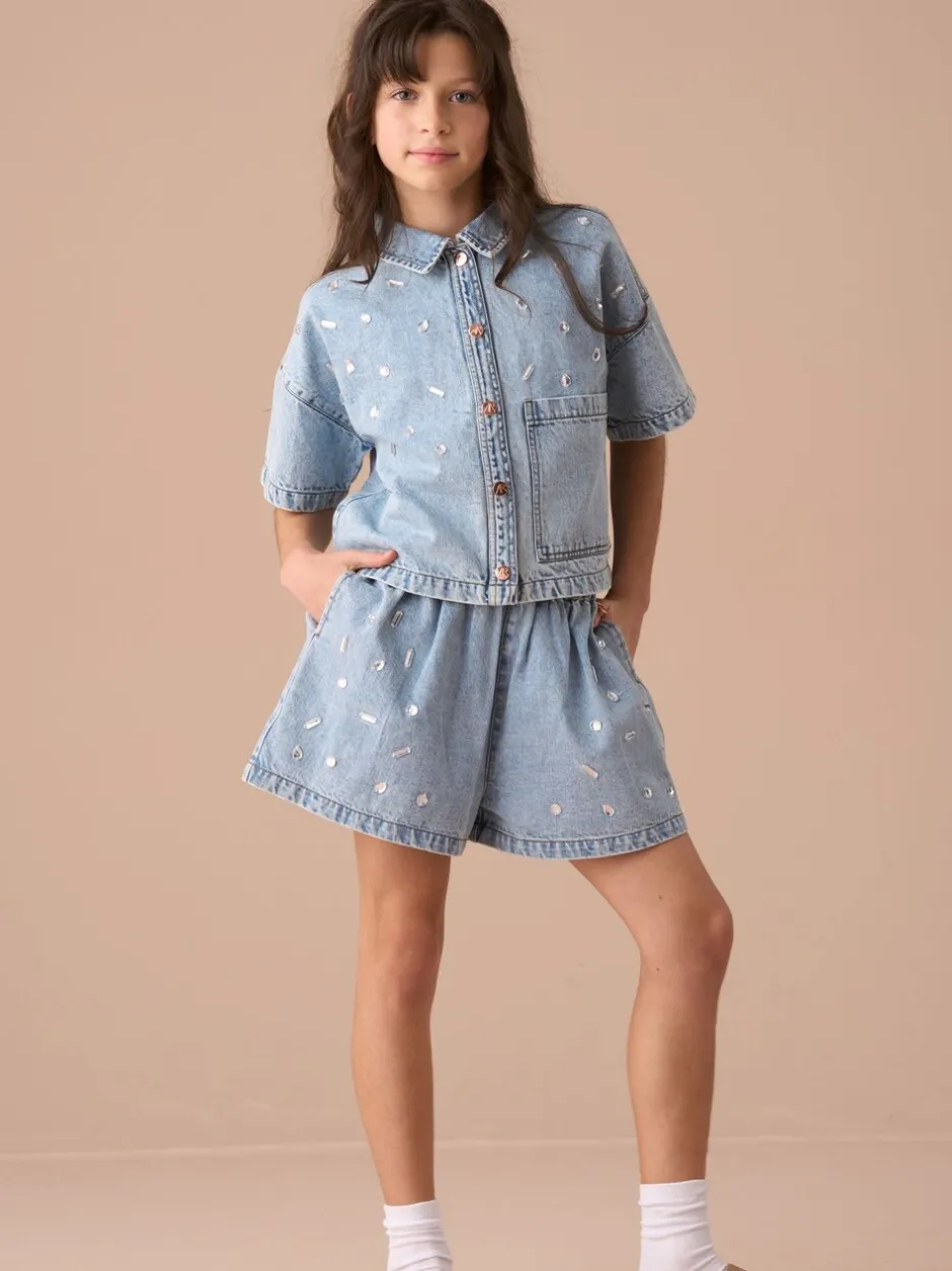 Overhemden En Blouses*Angel & Rocket Zeta Diamonte 100% katoenen denim overhemd met korte mouwen