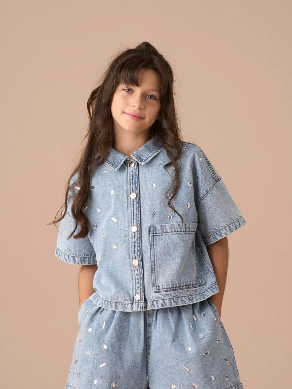 Overhemden En Blouses*Angel & Rocket Zeta Diamonte 100% katoenen denim overhemd met korte mouwen