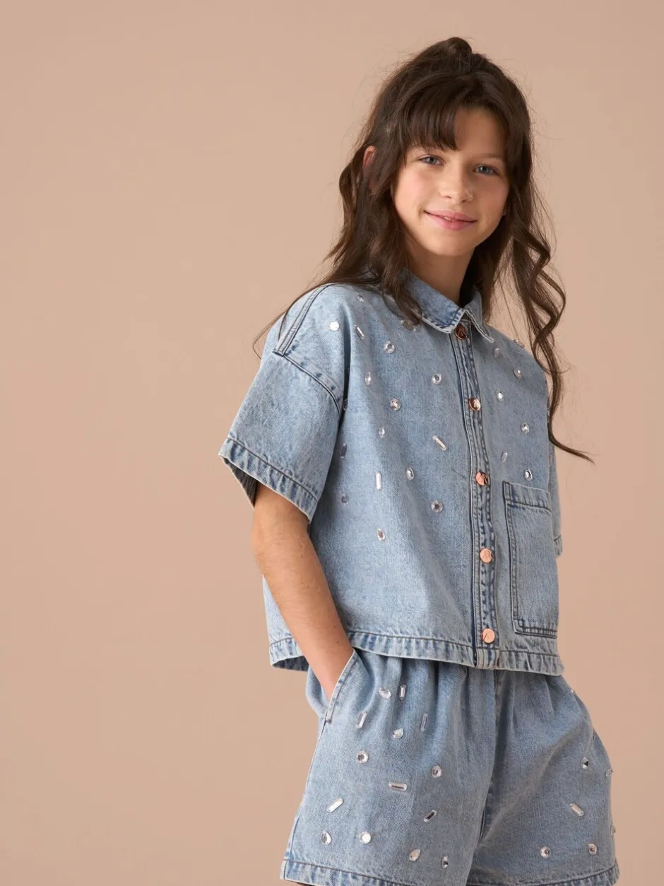 Overhemden En Blouses*Angel & Rocket Zeta Diamonte 100% katoenen denim overhemd met korte mouwen