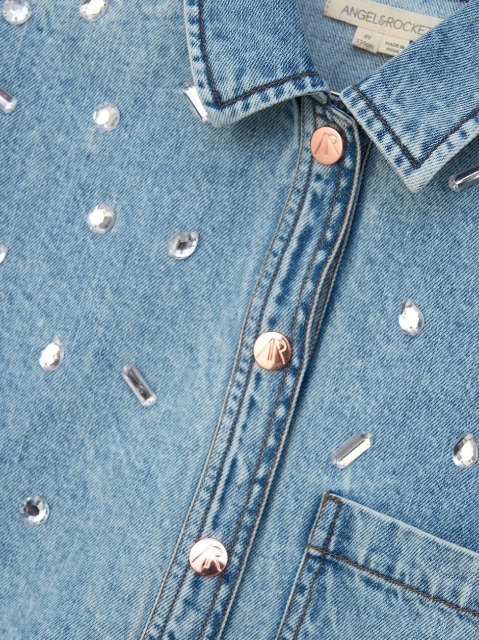 Overhemden En Blouses*Angel & Rocket Zeta Diamonte 100% katoenen denim overhemd met korte mouwen