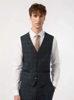 Vesten|Antique Rogue Dax blauwgroen geruit gilet met visgraatmotief