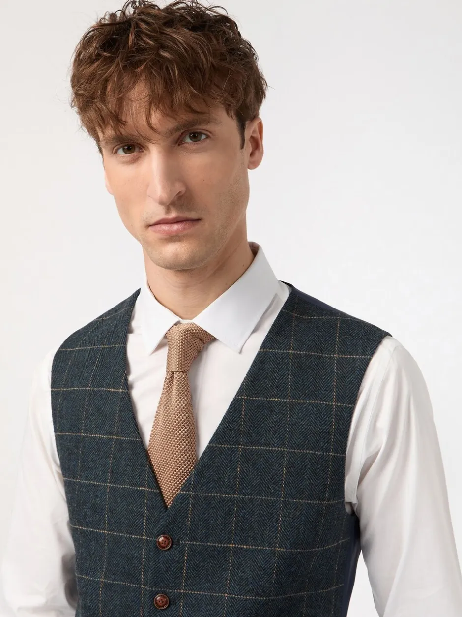 Vesten|Antique Rogue Dax blauwgroen geruit gilet met visgraatmotief