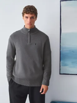 Gebreide Kleding|Next - Hertlogo - Regular fit 100% katoenen premium trui met korte rits Antraciet