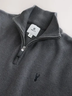 Gebreide Kleding|Next - Hertlogo - Regular fit 100% katoenen premium trui met korte rits Antraciet