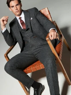 Vesten|Next Antraciet - Regular Fit Wollen Blend Getrimd Kostuum Waistcoat