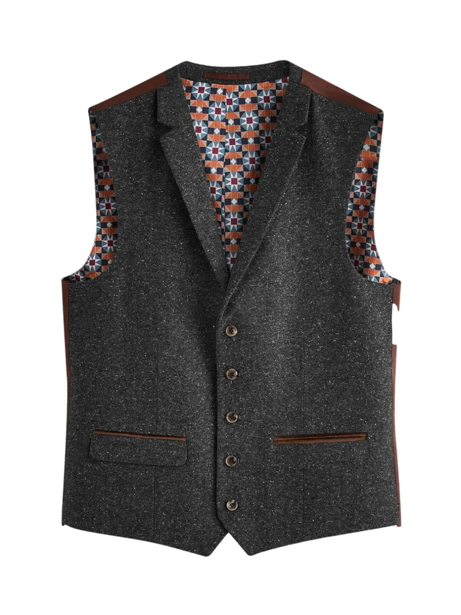 Vesten|Next Antraciet - Regular Fit Wollen Blend Getrimd Kostuum Waistcoat