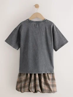 Shorts En Rokken|Next Antraciet - Set van oversized T-shirt en geruite rok (3-16jr)