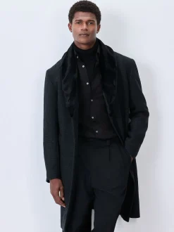 Jassen En Jacks|Next Antraciet - Wool Rich Check Epsom Coat With Fur Trim Lapel