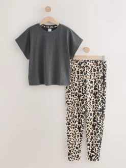 Pyjama's|Loungewear|Next Antraciet met luipaardprint - Pyjama met korte mouwen