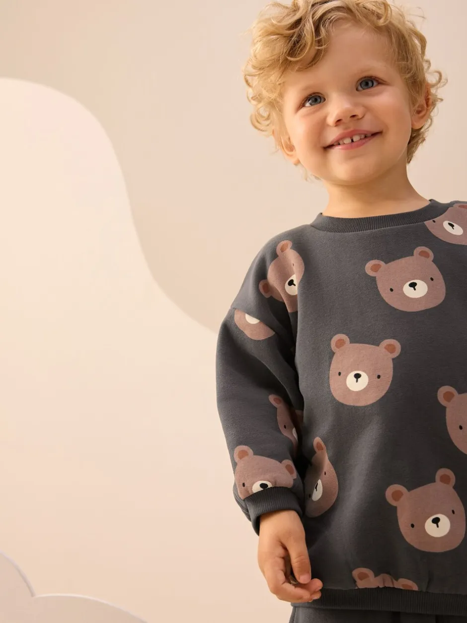 Truien En Breisels|Joggingbroeken|Next Antracietgrijze beer all-over print - Set met sweatshirt en joggingbroek met strepen (3mnd-7jr)