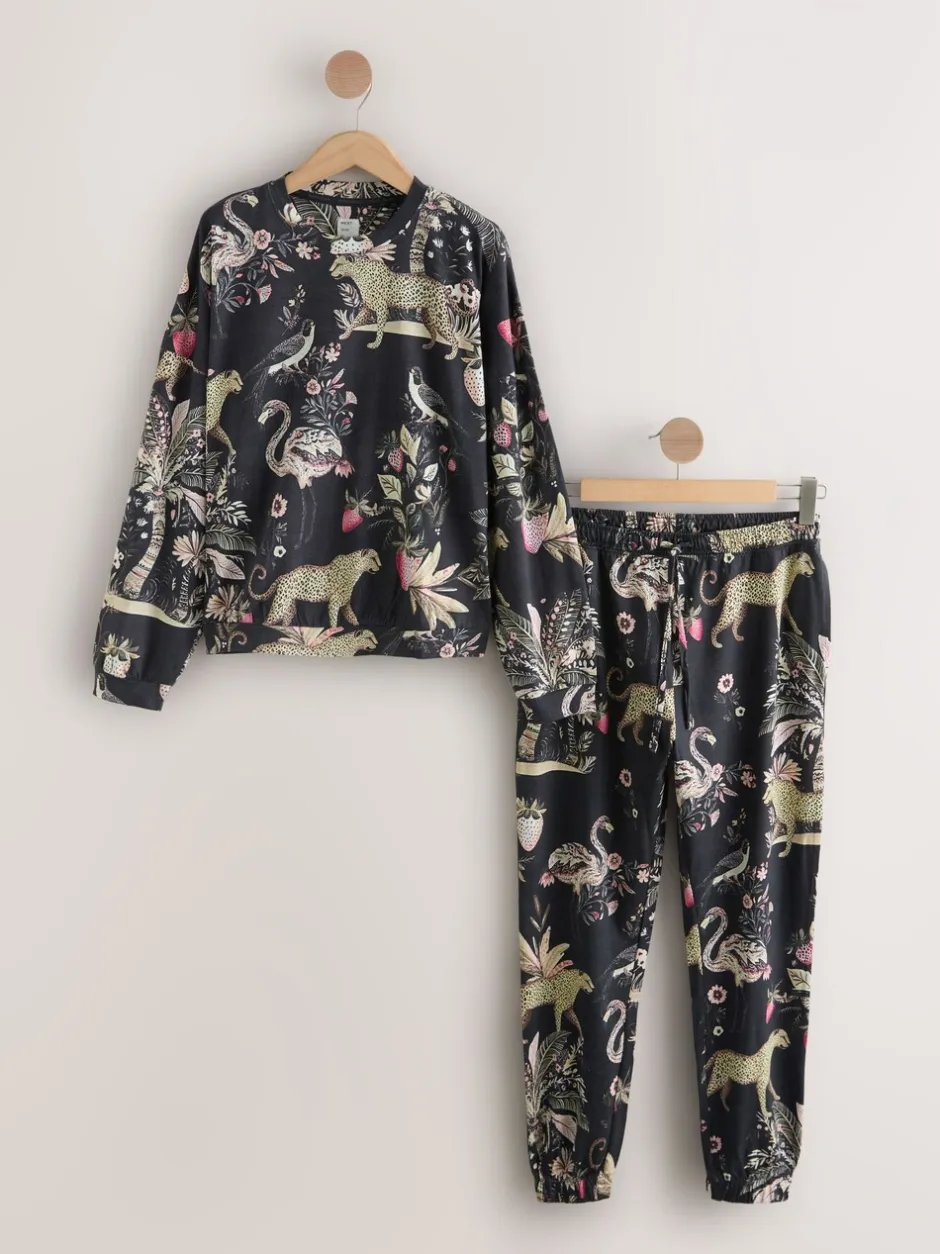 Pyjama's|Loungewear|Next Antracietkleurig met luipaardprint - Pyjama met lange mouwen