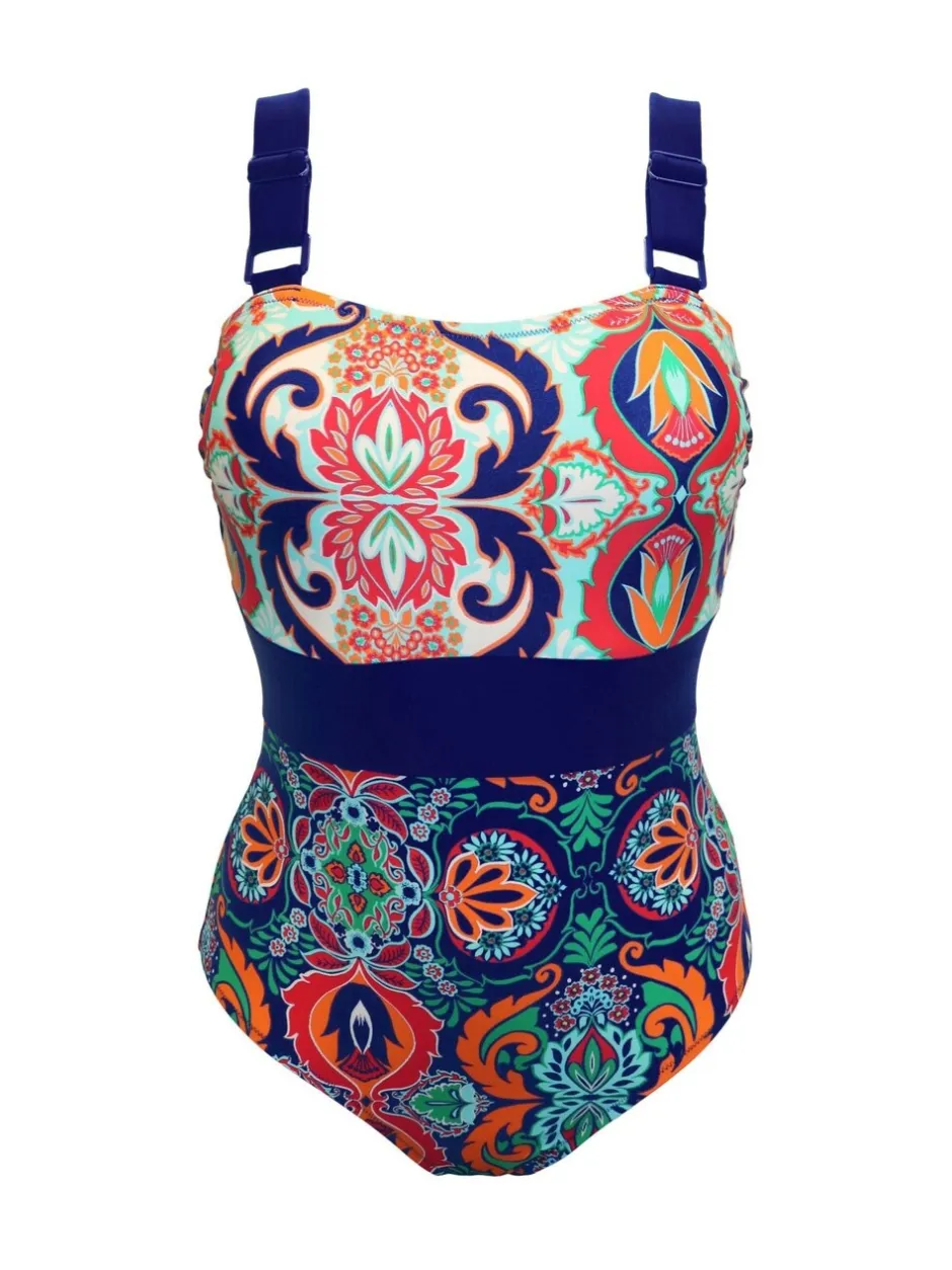 Badkleding|Pour Moi Aquablauw - Palm Springs corrigerend badpak met kleurvlakken