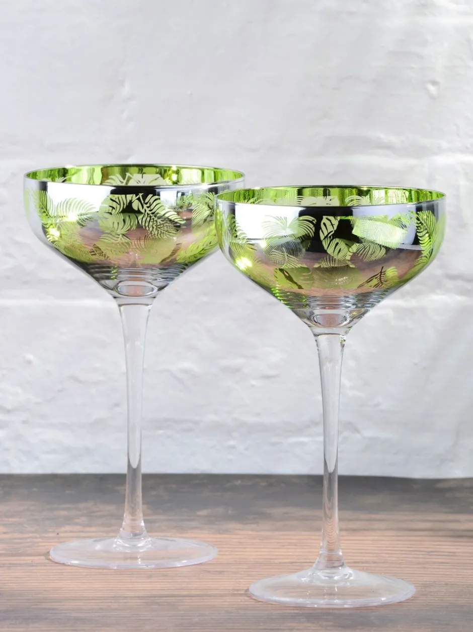 Glas*Artland set van 2 champagneschotels met tropische bladerenmotief