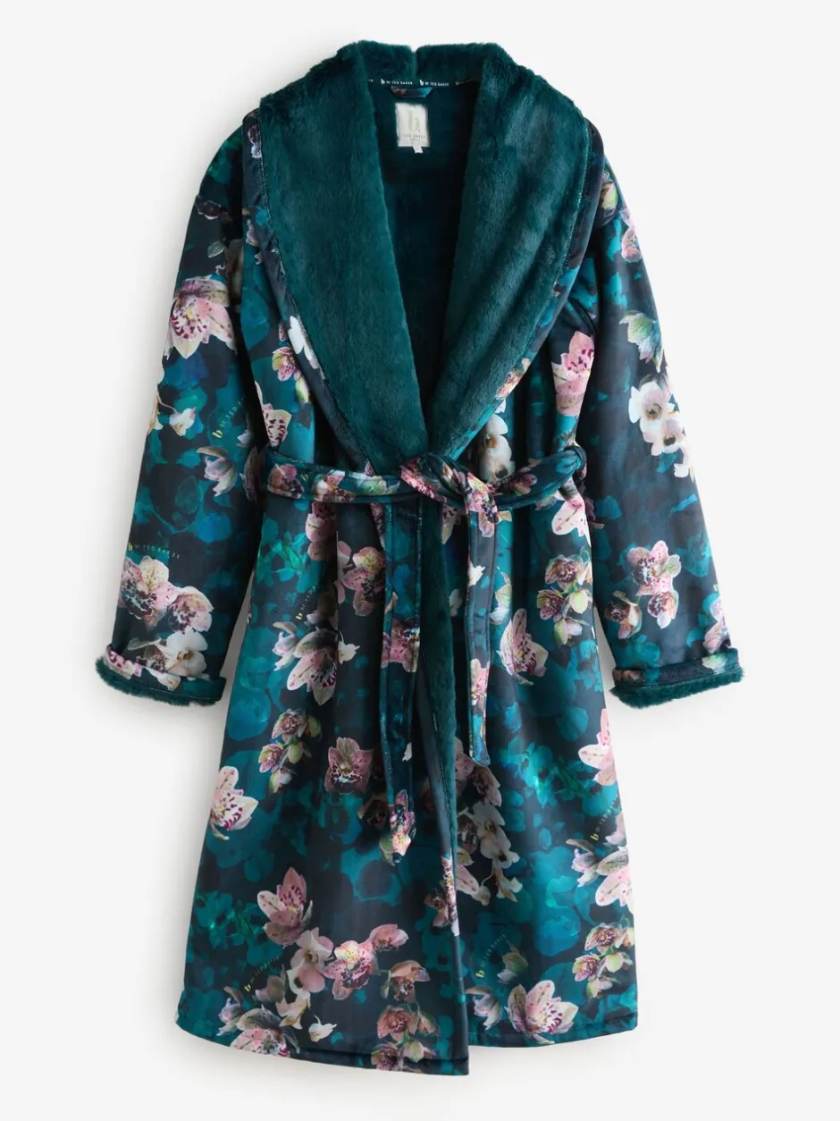 Badjassen|Alle Nacht- En Loungekleding|B by Ted Baker Blauwgroene knusse bloemenbadjas