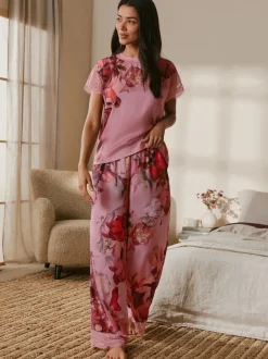 Pyjama's|Loungewear|B by Ted Baker Pink Floral Satin Jersey Pyjamas