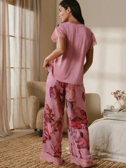 Pyjama's|Loungewear|B by Ted Baker Pink Floral Satin Jersey Pyjamas