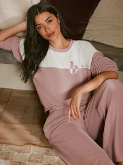 Pyjama's|Loungewear|B by Ted Baker Pink Ottoman Rib Wide Leg Lounge Trousers