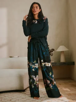Pyjama's|Loungewear*B by Ted Baker Teal Blue Floral Satin Jersey Pyjamas