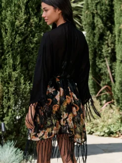 Mutsen, Handschoenen En Sjaals|Badkleding*B by Ted Baker Viscose Tassel Kimono Black Koi Floral Cover-Up