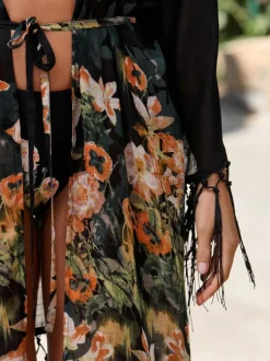 Mutsen, Handschoenen En Sjaals|Badkleding*B by Ted Baker Viscose Tassel Kimono Black Koi Floral Cover-Up