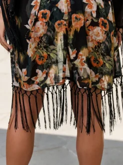 Mutsen, Handschoenen En Sjaals|Badkleding*B by Ted Baker Viscose Tassel Kimono Black Koi Floral Cover-Up