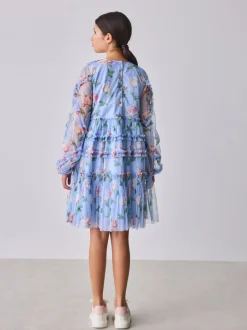 Gelegenheidskleding|Jurken*Baker by Ted Baker Blue Floral Mesh Ruffle Dress