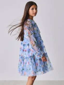 Gelegenheidskleding|Jurken*Baker by Ted Baker Blue Floral Mesh Ruffle Dress