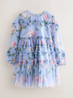 Gelegenheidskleding|Jurken*Baker by Ted Baker Blue Floral Mesh Ruffle Dress
