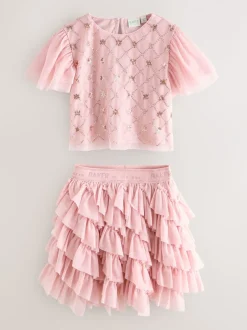 Shorts En Rokken*Baker by Ted Baker Pink 2 Piece Sequin Mesh Top & Ruffle Tier Skirt Set