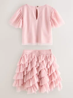 Shorts En Rokken*Baker by Ted Baker Pink 2 Piece Sequin Mesh Top & Ruffle Tier Skirt Set