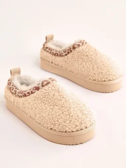 Pantoffels|Lipsy - EVA pantoffels met luipaardprint afwerking, borg en fluffy slip-on Klomp Beige