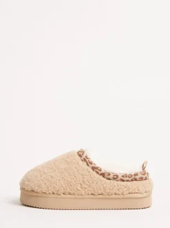 Pantoffels|Lipsy - EVA pantoffels met luipaardprint afwerking, borg en fluffy slip-on Klomp Beige