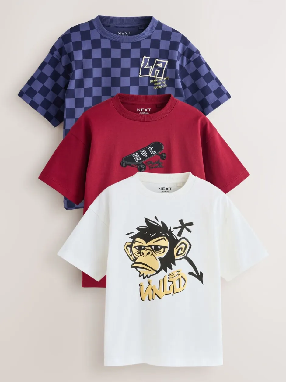 T-Shirts|Tops*Next Bessen/ecru/paars - Verpakking van 3 relaxte T-shirts met grafische print en korte mouwen (3-16jr)