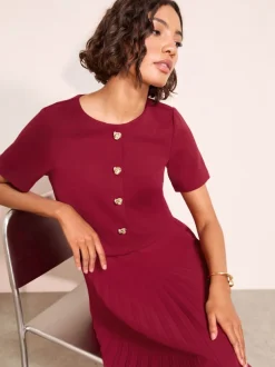 Gelegenheidskleding|Friends Like These - Button Down 2-In-1 Pleated Dress Bessenrood