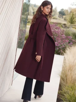 Jassen En Jacks|Lipsy - asymmetrische jas met trechterhals en riem Bessenrood