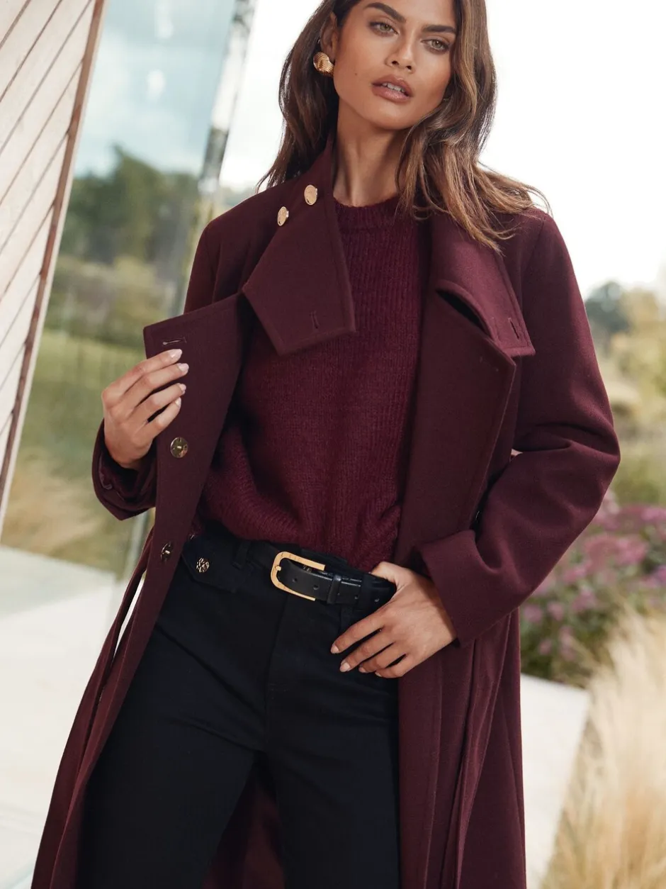 Jassen En Jacks|Lipsy - asymmetrische jas met trechterhals en riem Bessenrood