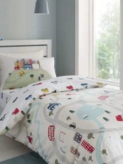 Kinderbeddengoed|Bianca katoenen dekbedovertrekset met transportmotief