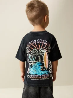 Tops|T-Shirts|Next Black Acid Wash Surf Club Oversized - T-shirt met korte mouwen en print op de rug (3mnd -7jr)