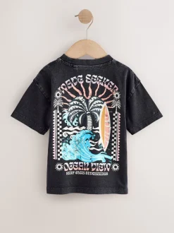Tops|T-Shirts|Next Black Acid Wash Surf Club Oversized - T-shirt met korte mouwen en print op de rug (3mnd -7jr)