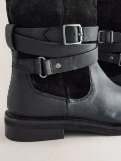 Ruimvallend En Extraruimvallend|Boots|Next - Forever Comfort® Borg Lined Buckle Trim Ankle Boots Black Oiled Leather
