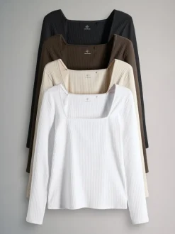 Tops En T-Shirts|The Set - 4 Pack Trim Square Neck Ribbed Tops Black/Chocolate Brown/Cream/White