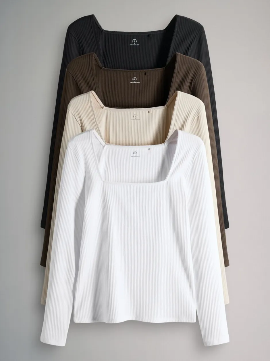 Tops En T-Shirts|The Set - 4 Pack Trim Square Neck Ribbed Tops Black/Chocolate Brown/Cream/White
