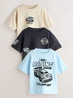 T-Shirts|Tops*Next Black/Grey Race Car - Short Sleeve Graphic T-Shirts 3 Pack (3mths-7yrs)