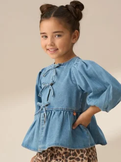 Overhemden En Blouses|Angel & Rocket - Ria Broderie Tie Front Peplum Blouse Blauw