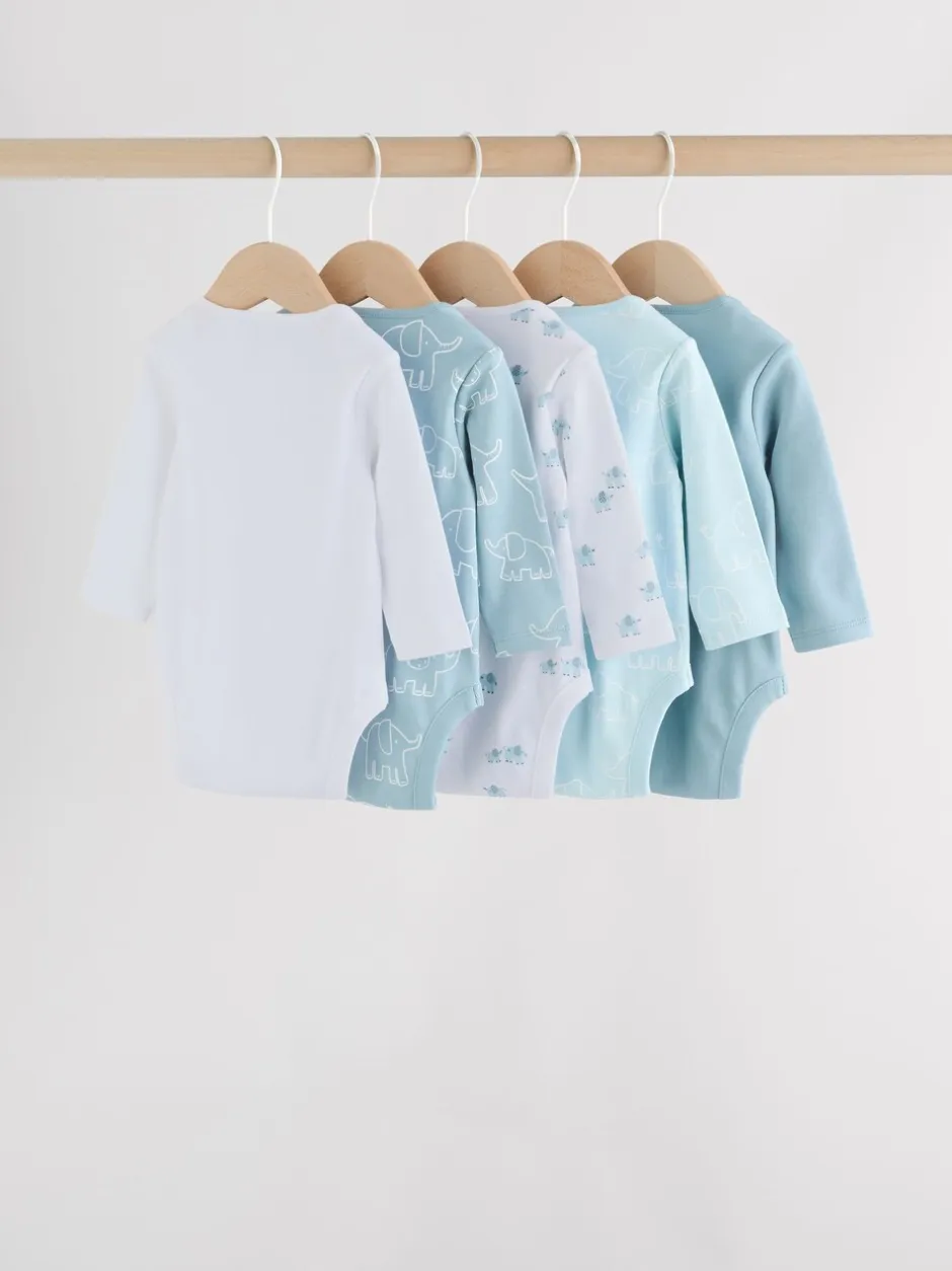 Rompertjes En Hemdjes|Rompertjes En Hemdjes|Next Blauw - Baby Elephant Long Sleeved Bodysuits 5 Pack