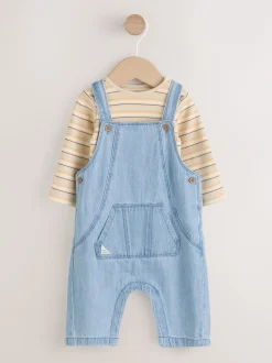 Rompertjes En Tuinbroeken*Next - Babyset van denim bretelbroeken en bodysuit (0 mnd - 2 jr) Blauw