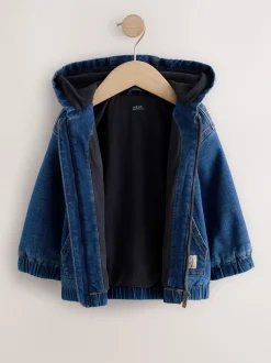 Shirts|Next Blauw - Borg gevoerd denim overshirt met capuchon en rits (3mnd-7jr)