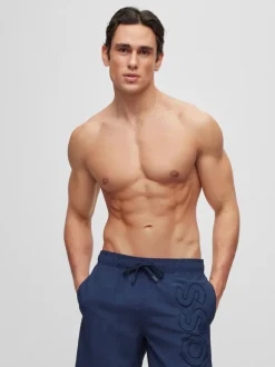 Badkleding|BOSS - Gevoerde zwembroek met walvis-logo Blauw