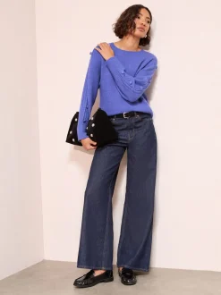 Gebreide Kleding*Friends Like These - Button Sleeve Detail Jumper Blauw