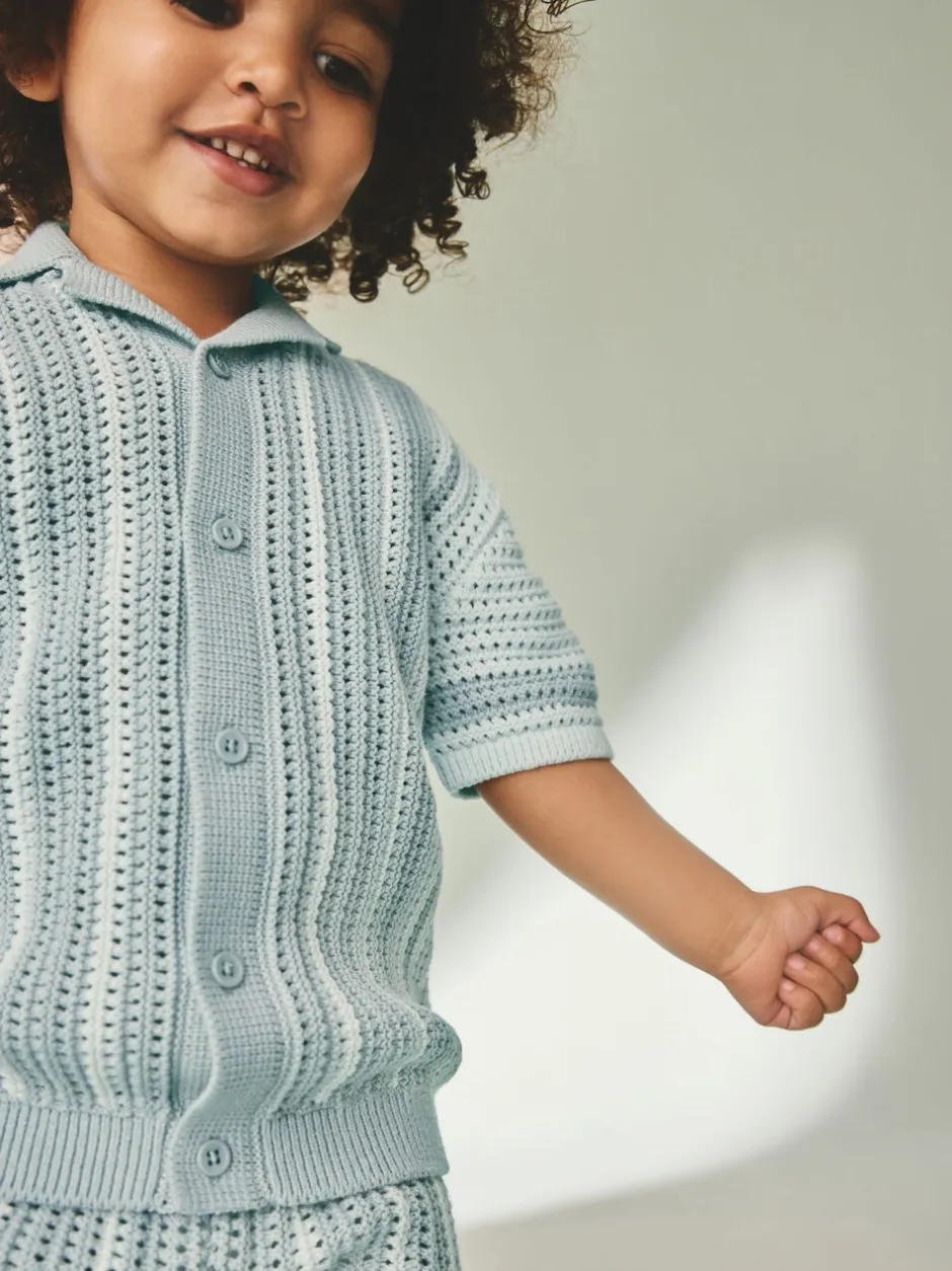 Shorts*Next Blauw - Gehaakte gebreide set van overhemd met korte mouwen en shorts (3mnd -10jr)
